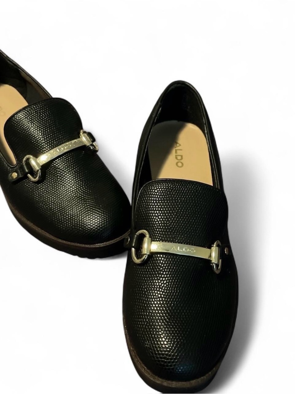 Aldo Black Textured Loafers with Gold Bar Detail